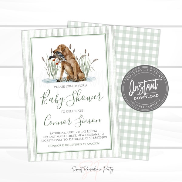 Baby Boy Shower Invitation, Sweet Baby Boy, Duck Hunting Dog, Hunting baby, Green Southern Preppy Invite Editable Instant Access