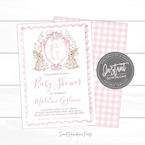 Invitación para baby shower con conejito, invitación con escudo de conejita para niña dulce, monograma de cuadros escoceses con lazo rosa sureño, acceso instantáneo