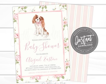 EDITABLE Girl Baby Shower Invitation, Pink Dog Invite for Baby Shower, Preppy Southern Cavalier Baby Shower  Watercolor, Digital Template