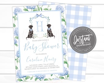 Baby Boy Shower Invitation, Sweet Blue Dog Southern Grandmillennial, Chinoiserie chic, Preppy Crest Gingham Invite Editable Instant Access