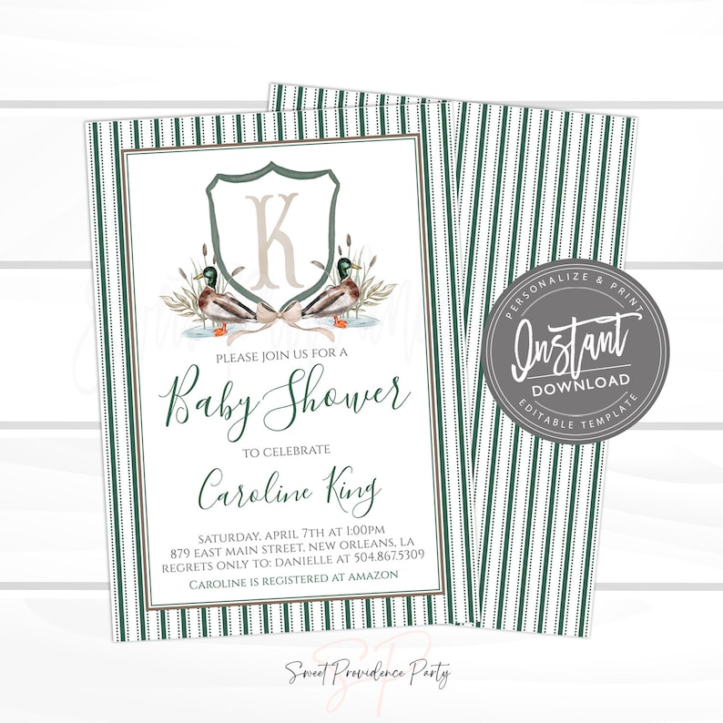 Baby Boy Shower Invitation, Sweet Baby Boy, Duck Baby Shower, Blue Southern Preppy Crest Striped Invite, Editable Instant Access image 1