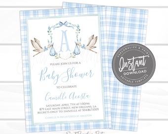 Baby Boy Shower Invitation, Sweet Baby Boy Stork Invitation, Blue Boy Preppy Plaid Floral Crest Invite, Editable invite, Instant Access