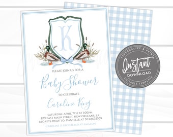 Baby Boy Shower Invitation, Sweet Baby Boy, Duck Baby Shower, Blue Southern Preppy Crest Gingham Invite, Editable Instant Access