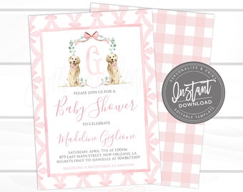 EDITABLE Girl Baby Shower Invitation, Pink Dog Invite Baby Shower, Preppy Southern Golden Retriever Baby Shower Watercolor, Digital Template