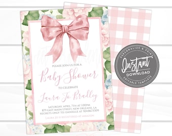 EDITABLE Pink Bow Invitation for Baby Shower, Minimalist Baby Shower Blush Pink Watercolor Ribbon, Preppy Southern Invite,  Digital Template