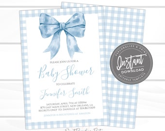 Boy Baby Shower Invitation, Sweet Baby Boy Bow Invitation, Blue Boy Preppy Southern Gingham Invite, Editable invite template, Instant Access