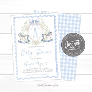 Inbjudan till babyshower för pojke, gunghäst, sött pojkevapenmonogram, blå preppy gingham-inbjudan för pojke, redigerbar direktåtkomst