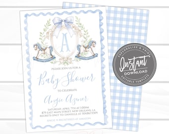 Uitnodiging babyshower jongen, hobbelpaard, Sweet Baby Boy Crest Monogram, Blue Boy preppy pastel uitnodiging, bewerkbare directe toegang