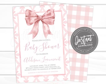 EDITABLE Pink Bow Invitation for Baby Shower, Minimalist Baby Shower Blush Pink Watercolor Ribbon, Preppy Southern Invite, Digital Template