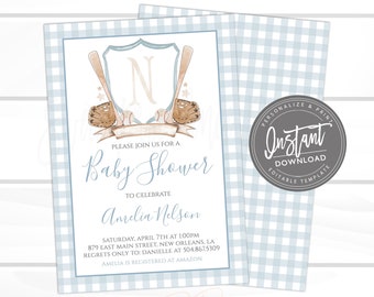 May include: Baby shower invitation with a baseball theme. The invitation features a light blue gingham pattern and a central design with baseball bats, mitts, and the letter "N". The text reads "Baby Shower" and details for Amelia Nelson.