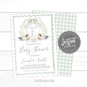May include: A green and white baby shower invitation with a watercolour illustration of a crest with the letter E, a bow, and two ducks. The text reads "Please join us for a Baby Shower to celebrate Jennifer Smith. Saturday, April 7th at 1:00pm. 879 East Main Street, New Orleans, LA. Regrets only to: Danielle at 504.867.5309. Jennifer is registered at Amazon. Sweet Providence Party."