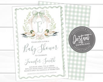 Baby Boy Shower Invitation, Sweet Baby Boy, Duck Baby Shower, Green Southern Preppy Crest Gingham Invite, Editable Instant Access