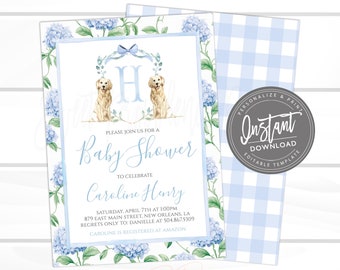 Baby Boy Shower Invitation, Sweet Blue Dog Southern Grandmillennial, Chinoiserie chic, Preppy Crest Gingham Invite Editable Instant Access