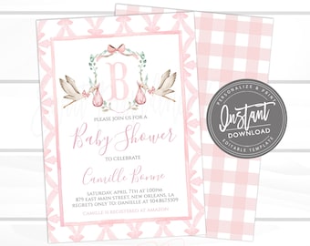 Stork Baby Shower Invitation, Sweet Baby Girl Crest Invitation, Pink Girl Preppy Gingham Invite, Editable invite, Instant Access