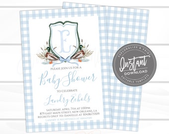 Baby Boy Shower Invitation, Sweet Baby Boy, Duck Baby Shower, Blue Southern Preppy Crest Gingham Invite, Editable Instant Access
