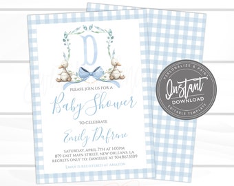 Boy Baby Shower Invitation, Sweet Baby Boy Cute Duck Crest Invitation, Blue Boy Preppy Gingham Invite, Editable invite, Instant Access