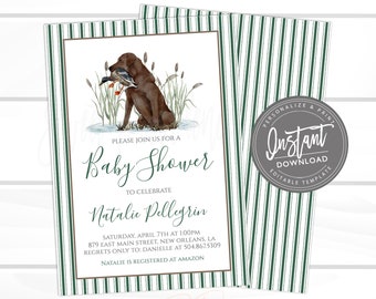 Baby Boy Shower Invitation, Sweet Baby Boy, Duck Hunting Dog, Hunting baby, Green Southern Preppy Invite Editable Instant Access