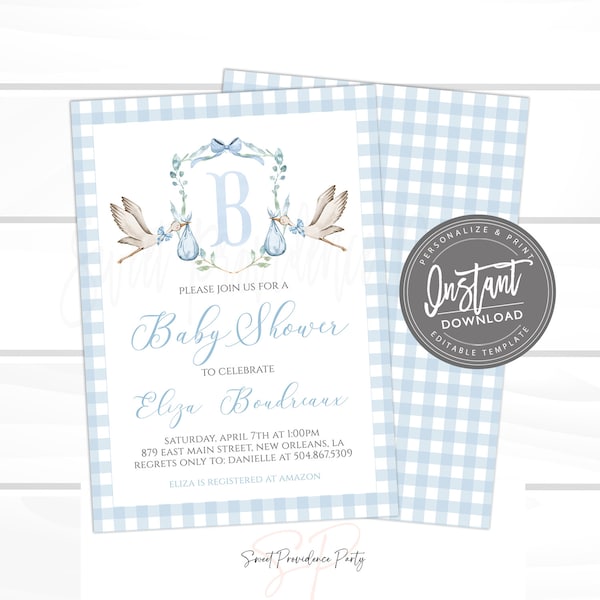 Stork Baby Shower Invitation, Sweet Baby Boy Crest Invitation, Blue Boy Preppy Gingham Invite, Editable invite, Instant Access