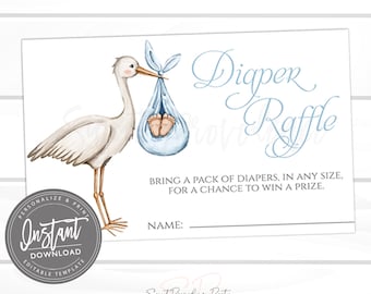 Diaper Raffle Card, Baby Boy Stork Diaper Raffle Game Card, EDITABLE Diaper Shower Raffle Insert, Simple Modern Printable, Instant Access