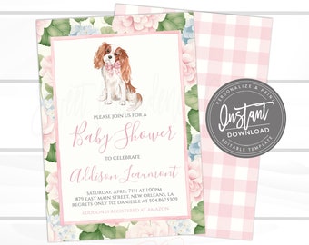 EDITABLE Girl Baby Shower Invitation, Pink Dog Invite for Baby Shower, Preppy Southern Cavalier Baby Shower  Watercolor, Digital Template