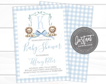 Boy Baby Shower Invitation, Sweet Baby Boy Cute Lion Crest Invitation, Blue Boy Preppy Gingham Invite, Editable invite, Instant Access