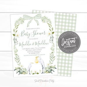 Bayou Baby Shower Invitation, Sweet Baby Bayou Egret Stork Alligator, Green  Southern Preppy Crest Gingham Invite, Editable Instant Access