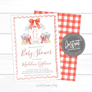 May include: A pink and white baby shower invitation with a watercolor illustration of a crawfish boil and the letter "G" in a crest. The text reads "Please join us for a Baby Shower to celebrate Madeline Giglione. Saturday, April 7th at 1:00pm 879 East Main Street, New Orleans, LA. Regrets only to: Danielle at 504.867.5309. Madeline is registered at Amazon. Sweet Providence Party."
