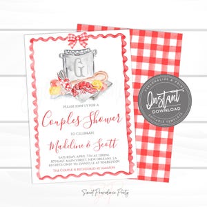 Crawfish Boil Baby Shower Invitation, Preppy Southern Watercolor Red Gingham Monogram Crest Invite, Editable Instant Access
