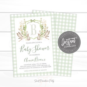 Stork Baby Shower Invitation, Sweet Baby Watercolor Crest Invite, Green Preppy Neutral Gingham Invite, Editable invite, Instant Access