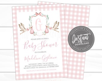 Stork Baby Shower Invitation, Sweet Baby Girl Crest Invitation, Pink Girl Preppy Gingham Invite, Editable invite, Instant Access