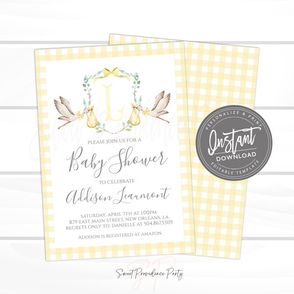 Stork Baby Shower Invitation, Sweet Baby Boy Crest Invitation, Blue Boy Preppy Gingham Invite, Editable invite, Instant Access