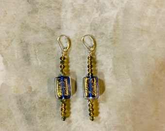 Gold Foil Blue Glass Earrings