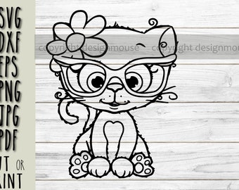 Eyeglass cat svg cut or print digital files, funny cat with flowers, therapist svg, digital download, cute animals digital download