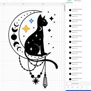 May include: Black silhouette of a cat sitting on a crescent moon with a string of beads hanging from the moon. The cat and moon are filled with small white stars. The background is a white grid.