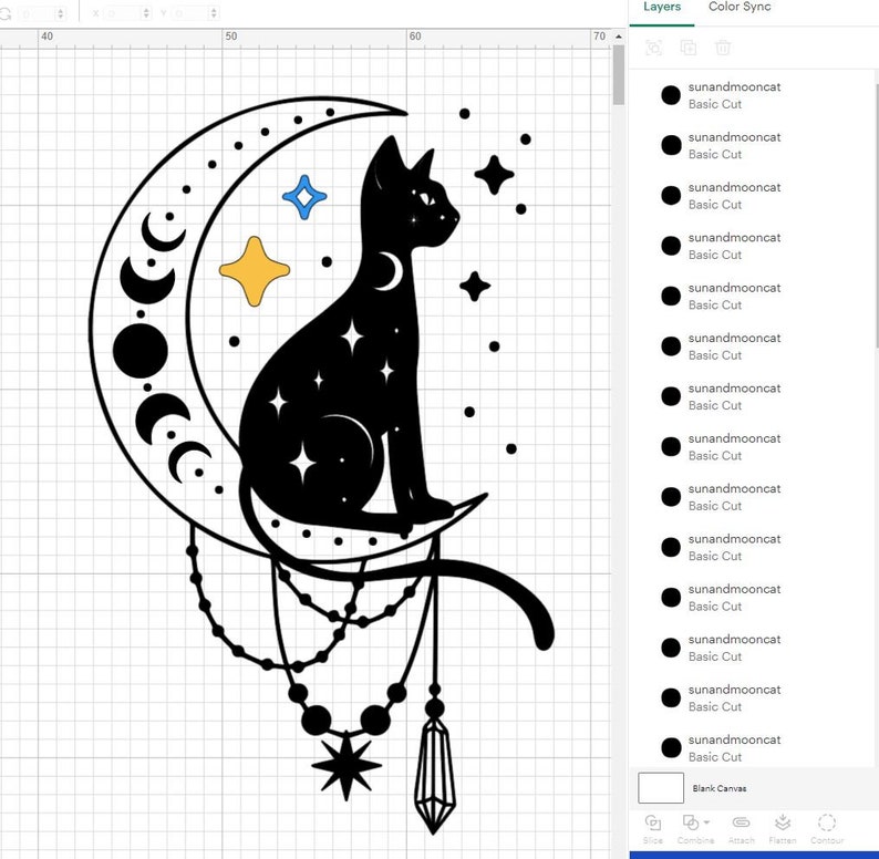 May include: Black silhouette of a cat sitting on a crescent moon with a string of beads hanging from the moon. The cat and moon are filled with small white stars. The background is a white grid.