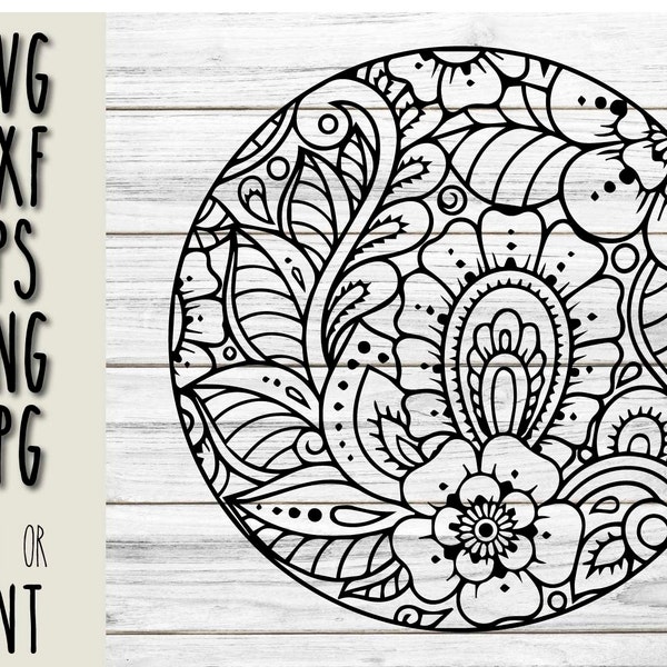 Flower mandala cricut svg, round flower pattern in mehndi style print or cut, hand drawn round mandala with flowers svg