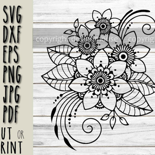 Mehndi Flower mandala cricut svg, flower pattern mehndi style print cut, hand drawn henna tattoo flowers svg, yoga logo download