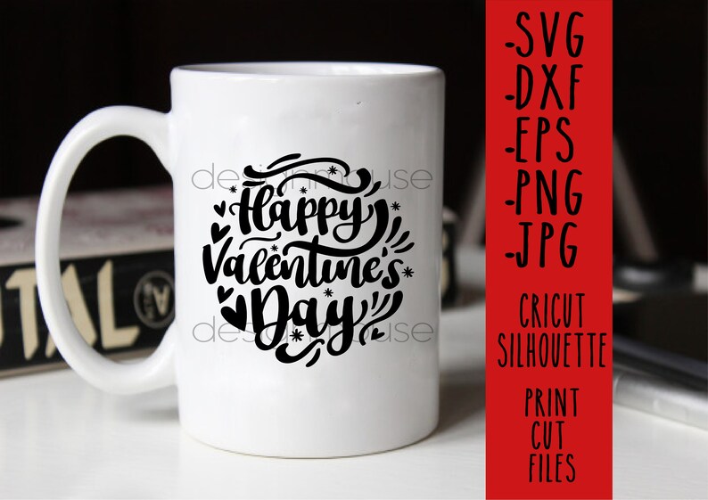 May include: White ceramic mug with a black graphic that says "Happy Valentine's Day" in a stylized font. The mug has a black handle.