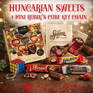Hongaarse traditionele zoetigheden, Szamos, Stuhmer, Balaton, Piros Mogyoros-chocolade, Rubik Cube-sleutelhanger, Rubic