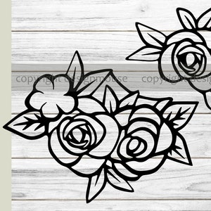 May include: Black and white line art illustration of a bouquet of roses with leaves. The roses are stylized and have a simple design.