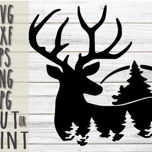 Cervo con alberi di pino digitale cricut SVG, file digitale cricut dell'albero di pino dei cervi, scarica il file di taglio del design, segno della fattoria in formato SVG, file di taglio dei cervi