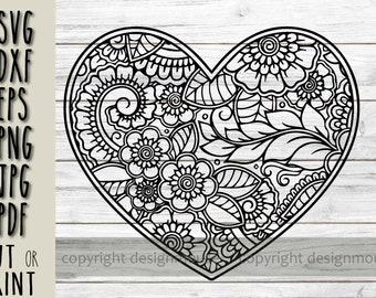 Flower mandala cricut svg, heart flower pattern in mehndi style print or cut, hand drawn heart shape mandala with flowers svg