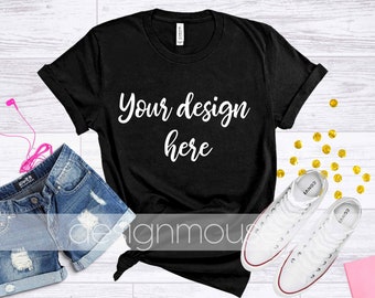 Bella Canvas print and demand Mock up, Digital T Shirt Mock up, Black T Shirt Mock image, Flat lay t shirt with shoes bridesmaid