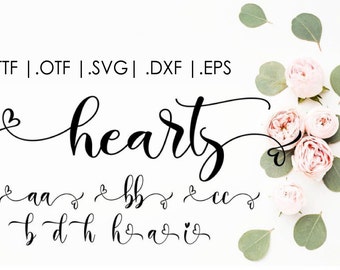 Hearts swirly font, Swash font, Wedding font, Heart connected, Instant download letters, Cricut alphabet, Calligraphy handwritten clip art