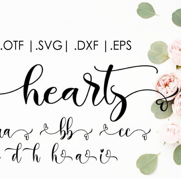 Hearts swirly font, Swash font, Wedding font, Heart connected, Instant download letters, Cricut alphabet, Calligraphy handwritten clip art