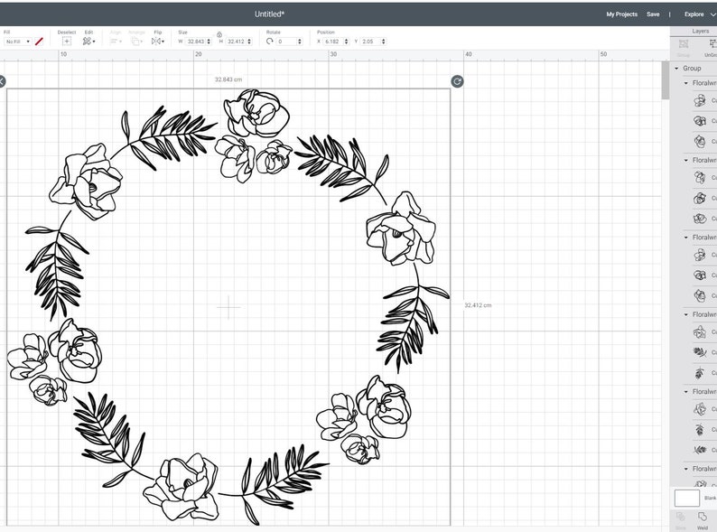 May include: A black and white line drawing of a floral wreath with leaves and flowers. The wreath is circular and has a simple, elegant design.
