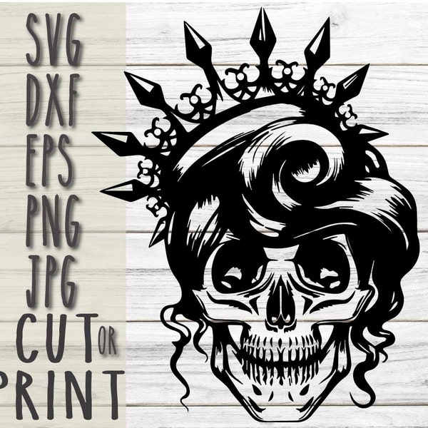 Skull with crown digital cricut SVG, Woman skull cricut digital file, download design cut file, Halloween skull hair svg cricut digital