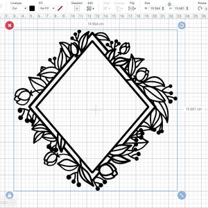 May include: A black and white floral frame with a diamond shape in the center. The frame is 19.964 inches wide and 19.681 inches tall.