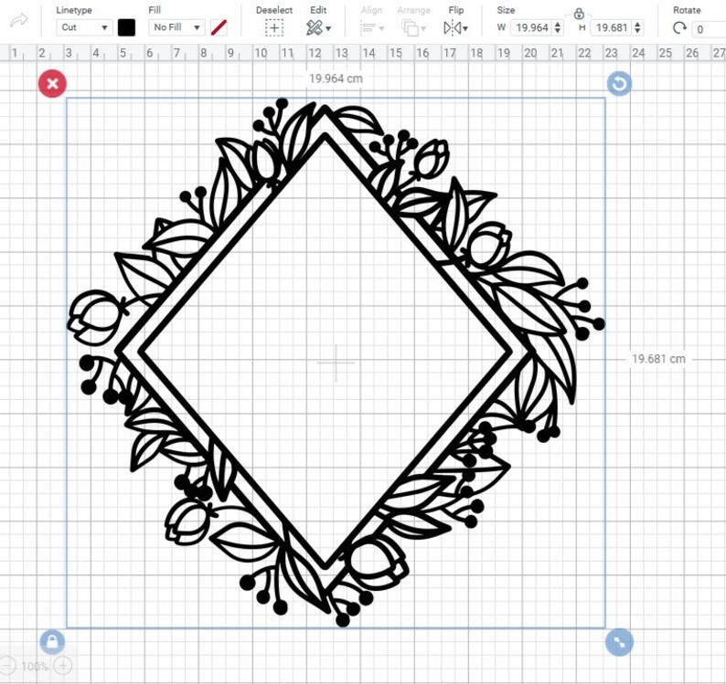 May include: A black and white floral frame with a diamond shape in the center. The frame is 19.964 inches wide and 19.681 inches tall.
