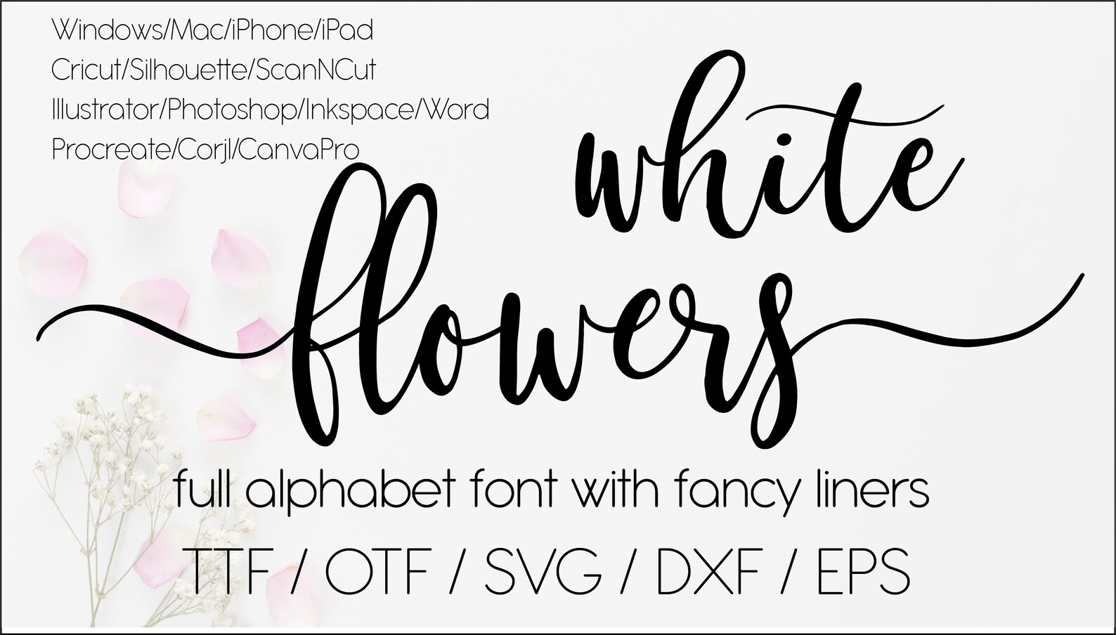 White flowers digital swirly font with tails download Etsy